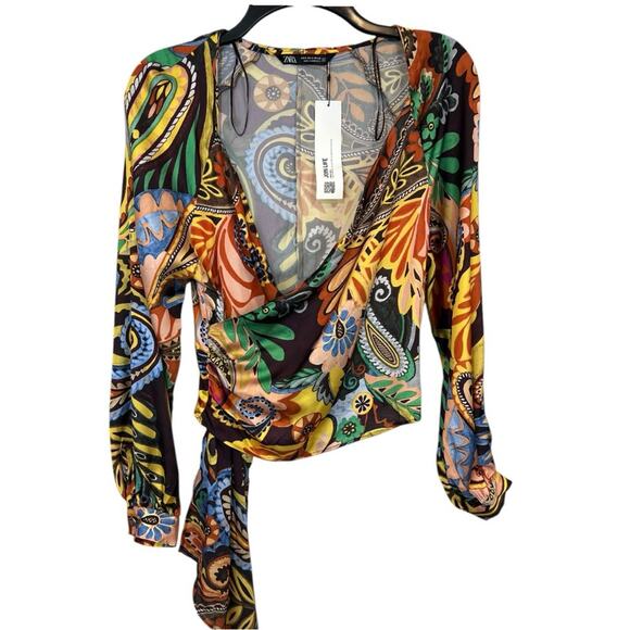 Zara multicolor printed crossover top wrap long sleeve blouse NWT - Picture 5 of 14